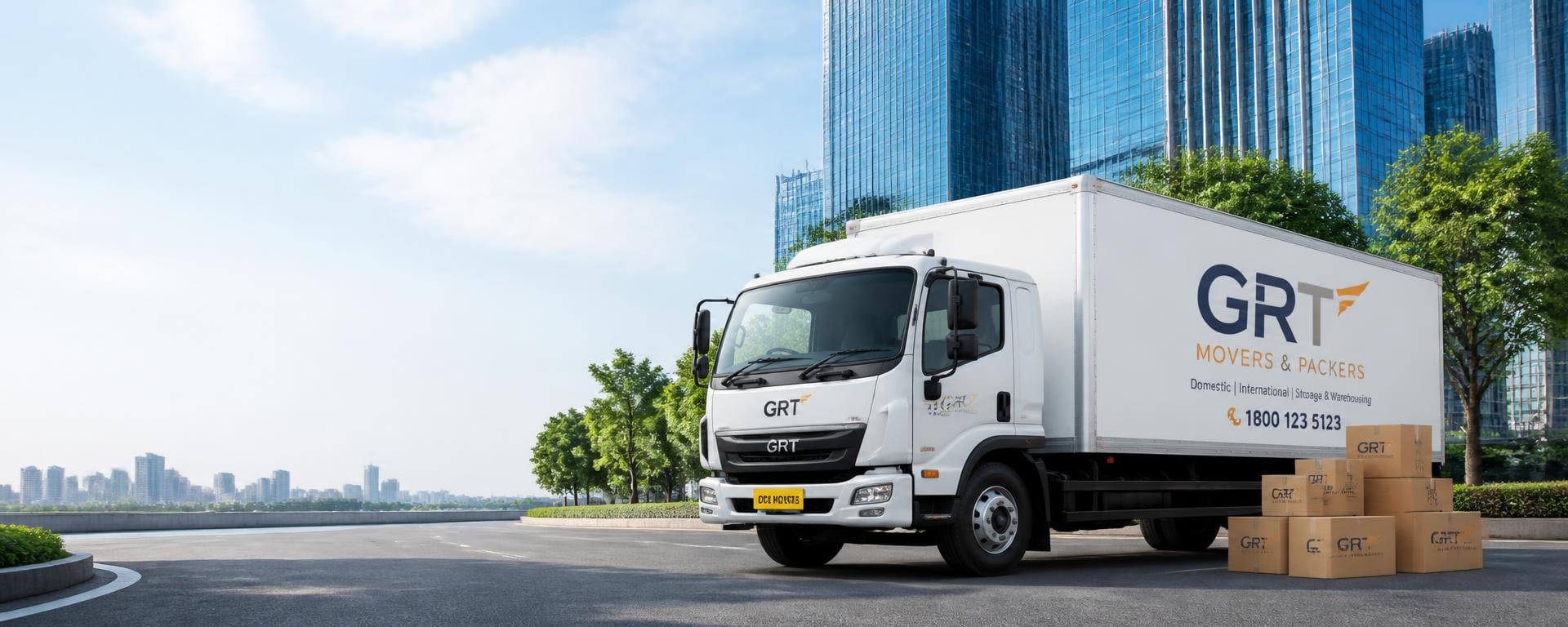 GRT Packers & Movers truck with packed cartons on a city road
