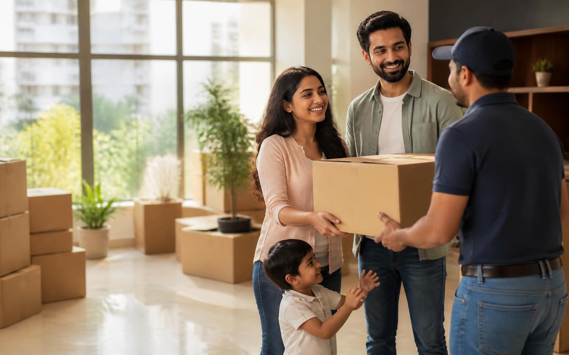 Movers handing a cardboard box to a happy family in their new home