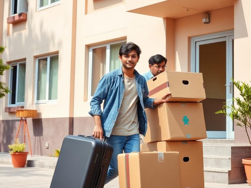 College student shifting luggage and boxes out of a hostel building